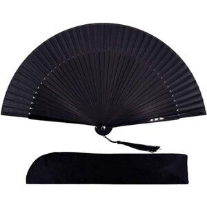 Elegant Black Folding Hand Fan Silk Fabric w/ Lacquered Bamboo Frame and Tassel